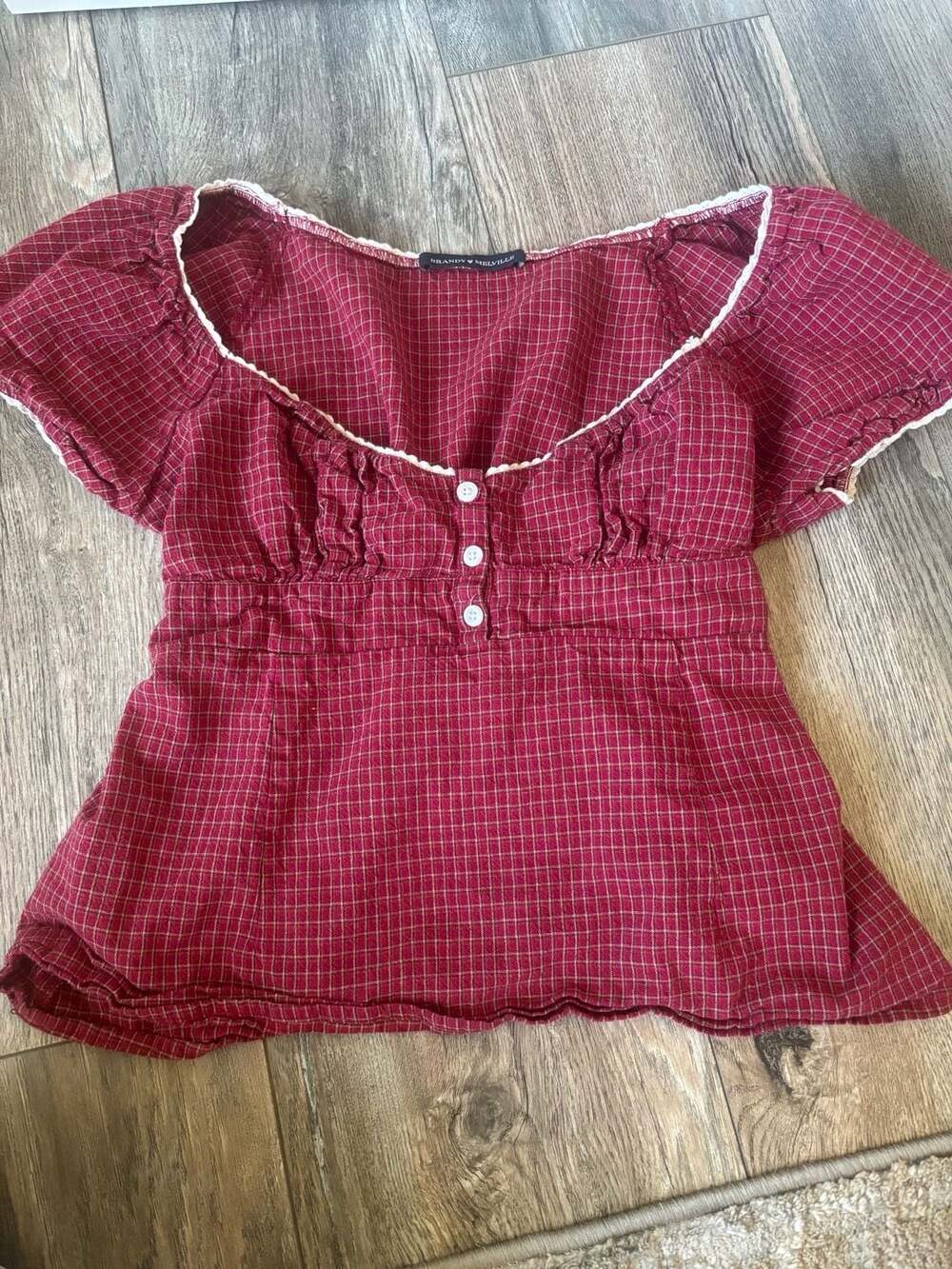 Brandy Melville Red Plaid Checkered Short Sleeve Babydoll Top